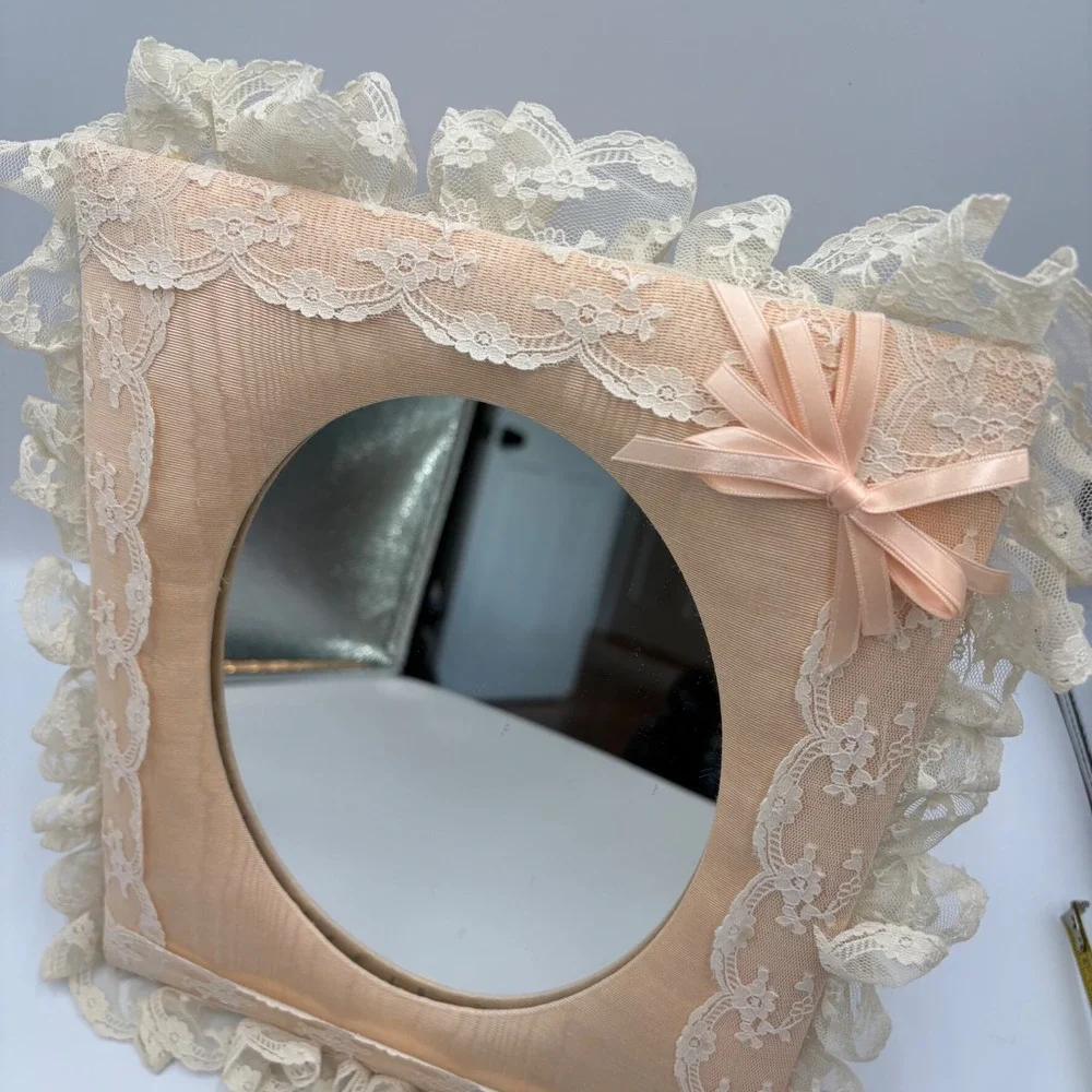Vintage 80s Shabby Chic Peach Moire Silk Lace Ruffle Tabletop Frame Mirror